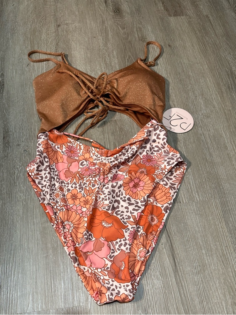 P2F Movement One-Piece Swimsuit Size L NWT Boho Floral Leopard Cut-Out